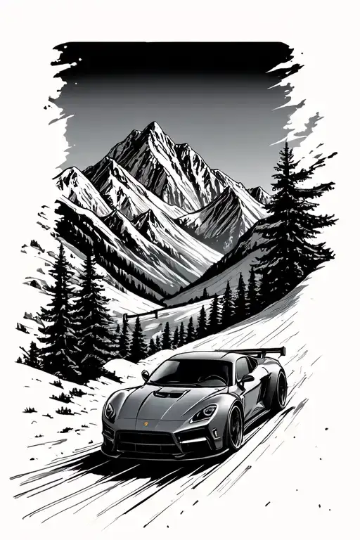 An adventurous sports car driving through a mountain range tattoo design idea