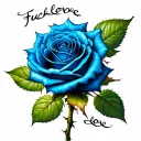 a blue rose with the words fuck love down the stem of the rose with thorns  tattoo design idea