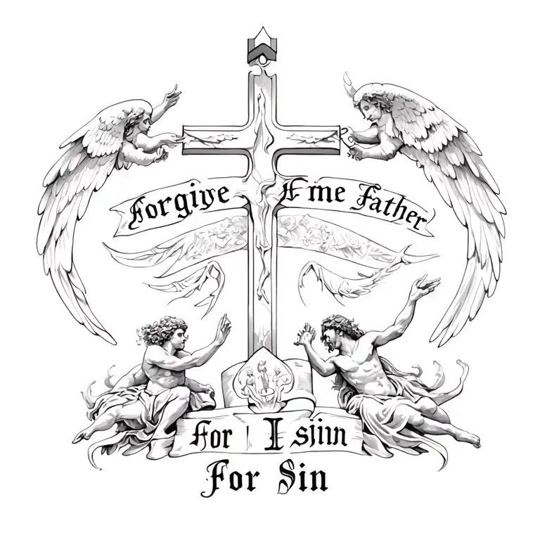 A cross in the middle with angels on one side and demons on the other with the phrase "Forgive Me Father For I Sin"  tattoo design idea