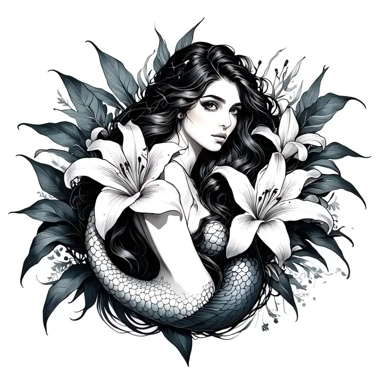 mermaid lilies and writing tattoo design idea