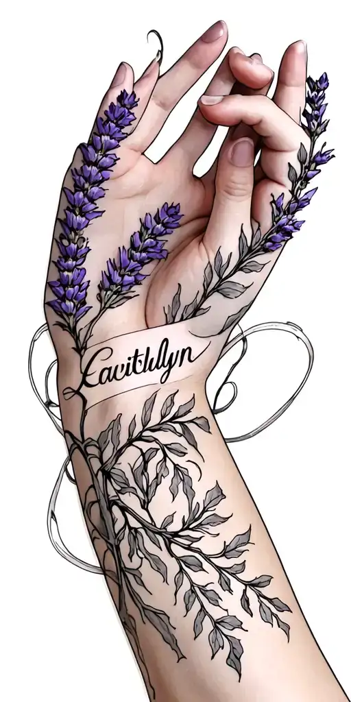  the name lavender and vines circling the whole arm and another name Caitlyn with the vines connecting to the name  tattoo design idea