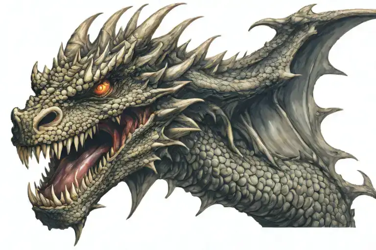 Dragon emerging from the skin showing its claw, fangs, and saliva. It has its mouth open, displaying a very fierce face tattoo design idea