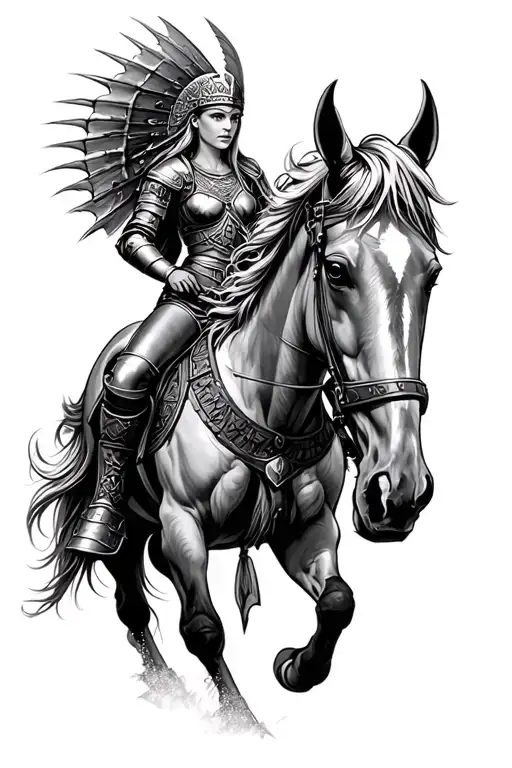 Viking inspired tattoo featuring Valkyrie  riding horse armor tattoo design idea