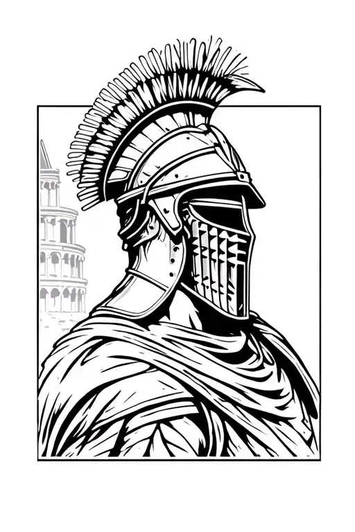 Roman soldier with a gladiator helmet that does not have face details and with a background of the Roman coliseum tattoo design idea