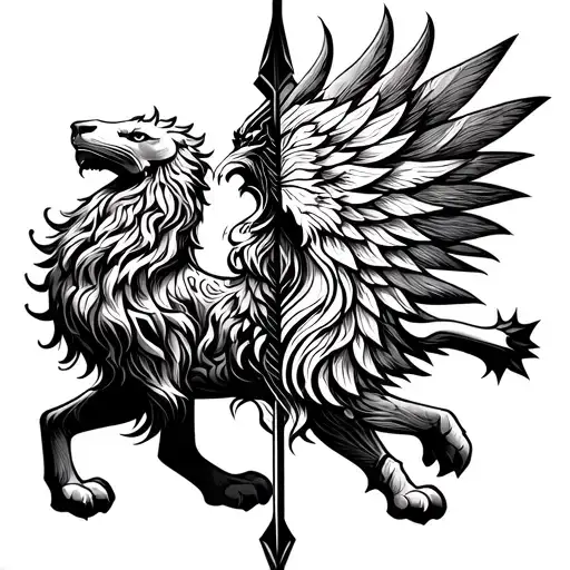 HALF PHOENIX WITH HALF LION WITH ARROW tattoo design idea