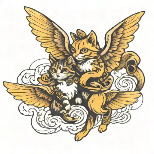 two cats flying with cherub wings tattoo design idea