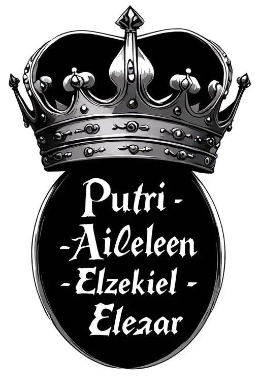 Crown Duri circular in the upper arm with the writing below "Putri - Aileen - Elzekiel - Eleazar" tattoo design idea
