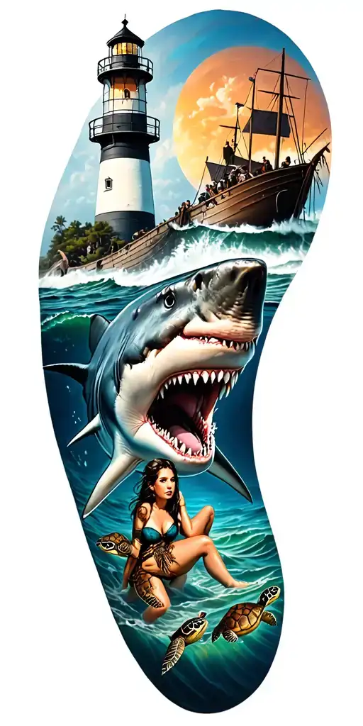 light house on beach with a shark coming up to attack a woman with three turtles swimming underneath with a viking boat  tattoo design idea