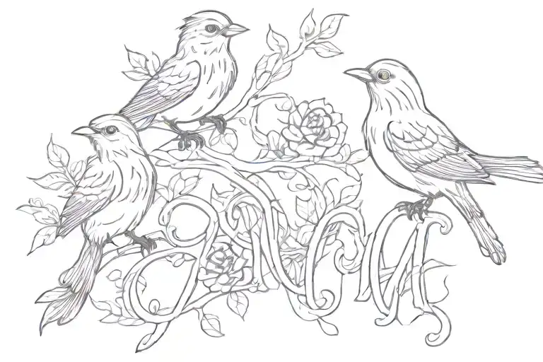 three birds on cursive letters M W M tattoo design idea