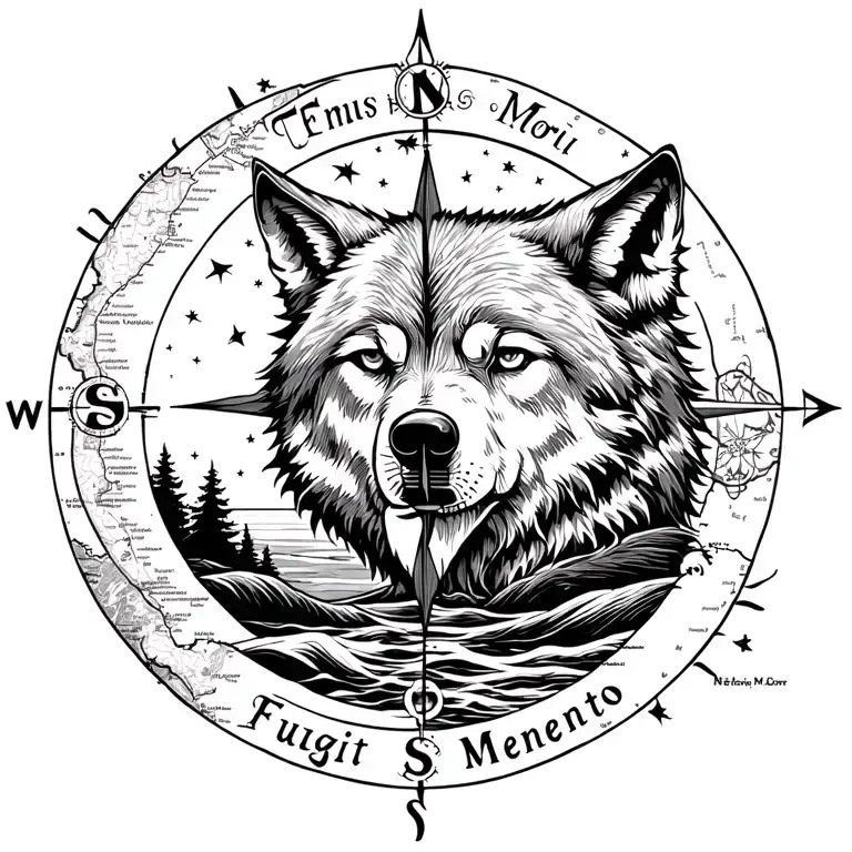 big wolf head, moon in the forest with compass with nautical map inside, text "Tempus Fugit Memento Mori",oceans, sunset tattoo design idea