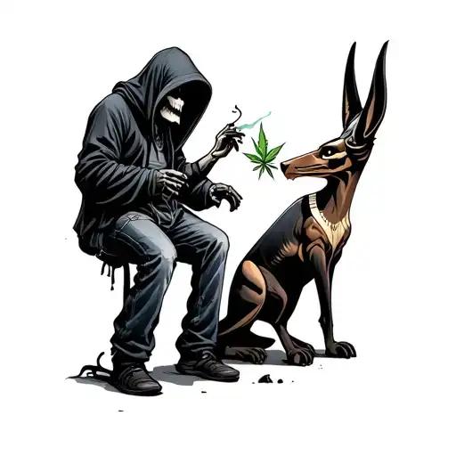 grim reaper wearing jeans and hoodie sharing a weed joint with a hipster anubis in black ink and they look realistic tattoo design idea