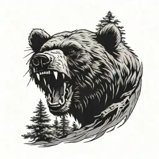 angry bear head juniper tree tattoo design idea