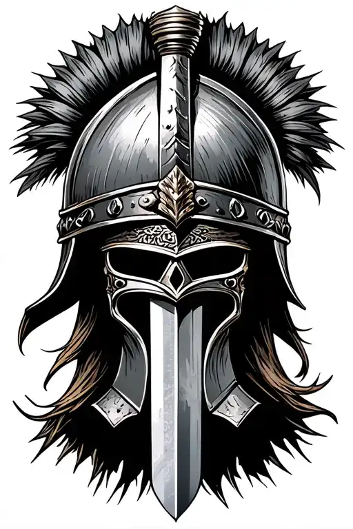roman helmet on top of sword tattoo design idea