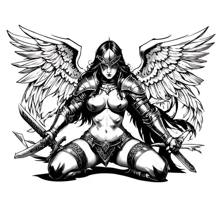 sexy female knight, big breasts, thick thighs, on knees, holding sword, Two arms, Two legs  tattoo design idea