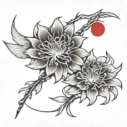 red spider lily moon and japanese writing tattoo design idea