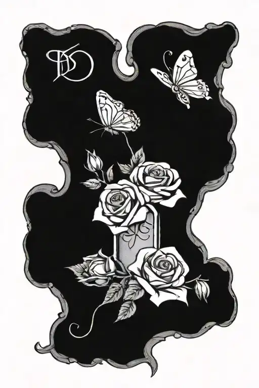 gravestone rose and butter fly tattoo design idea