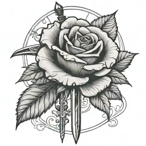 Rose with sword on tricep tattoo design idea