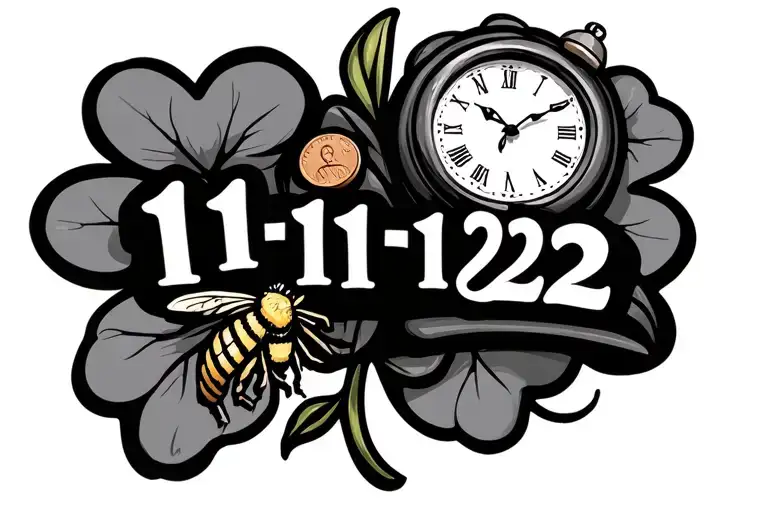 "11-11-22" lucky penny, 4 leaf clover, honeybee, clock inside tattoo design idea