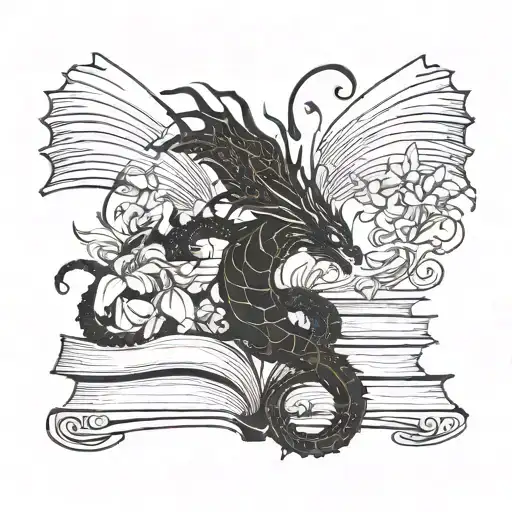 black dragon peeking around stack of open books with light swirling above and vines and flowers growing below books  tattoo design idea