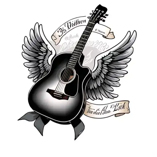 acoustic guitar with wings and ribbon around it's neck with name and dates of birth and death  tattoo design idea