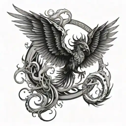 one creature from ouroboros and phoenix rising from the ashes tattoo design idea