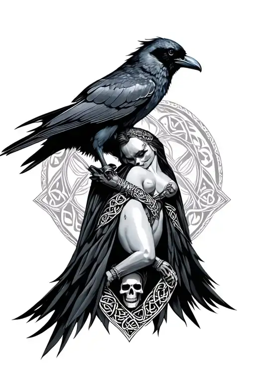Goddess Morrigan armed, crow perched with celtic knots and skulls; mixed with viking vibes tattoo design idea