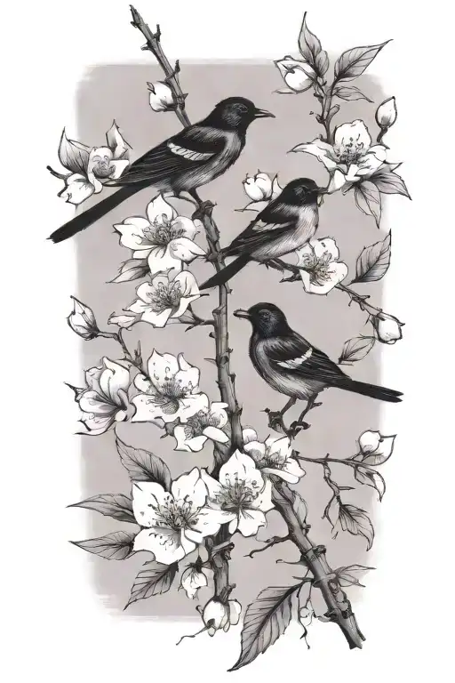 sideways skinny spooky scary cherry branch with minimal blossoms and four very small solid black birds sitting  tattoo design idea