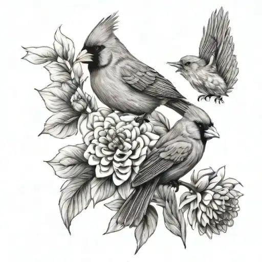 two cardinals and two dahlias   tattoo design idea