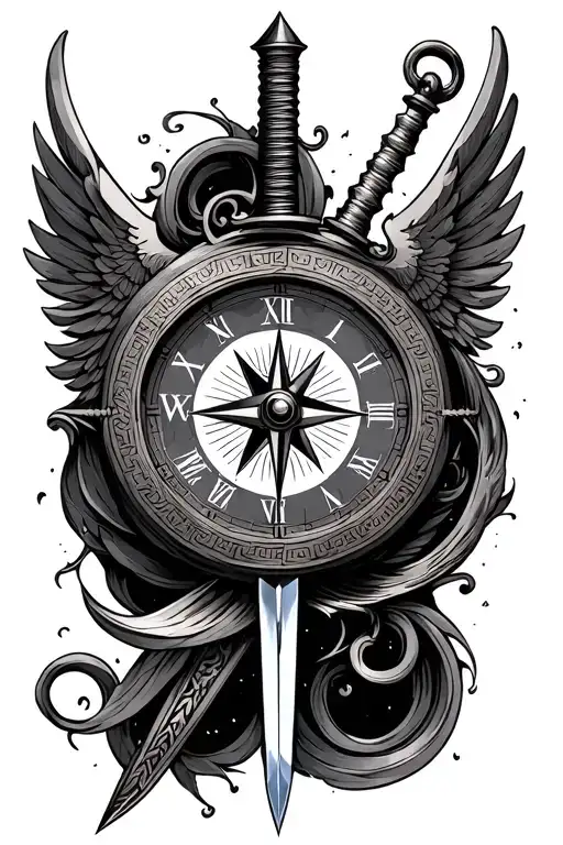 Greek compass clock with time 5:55 and dagger going through with Greek wings as handle.  tattoo design idea