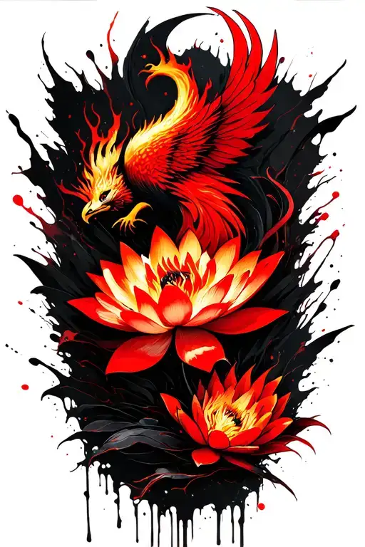 fiery phoenix lotus flowers intertwined tattoo design idea