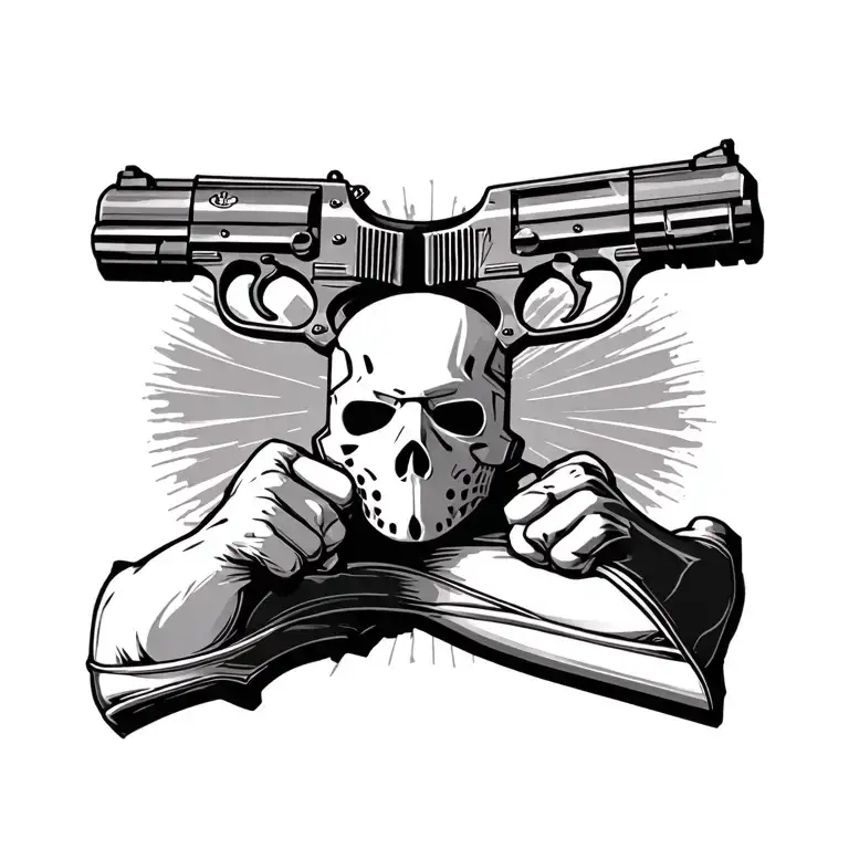i want  a ski mask in the middle of my chest and with two guns facing to each chest  tattoo design idea