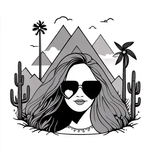 palm springs mountains with windmills and cactus and 3 triangles staggered and a brides face with heart shape sungalsses tattoo design idea