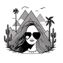 palm springs mountains with windmills and cactus and 3 triangles staggered and a brides face with heart shape sungalsses tattoo design idea