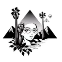 palm springs mountains with windmills and cactus and 3 triangles staggered and a brides face with heart shape sungalsses tattoo design idea