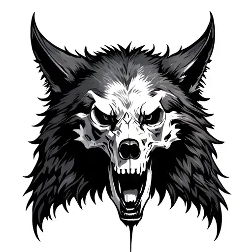 demonic Wolf head with raven skull tattoo design idea