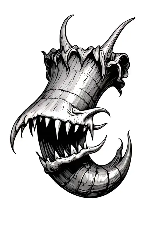 Horn element with fangs sticking out of it in the style of horror tattoo design idea