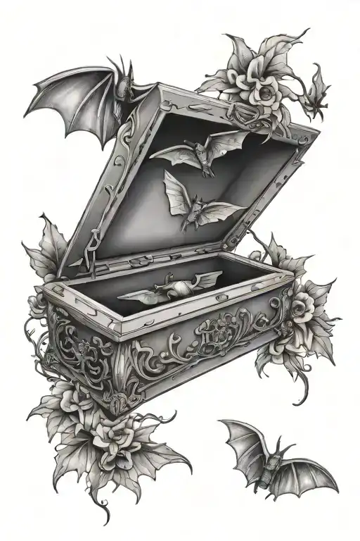 open casket with bats flying out tattoo design idea