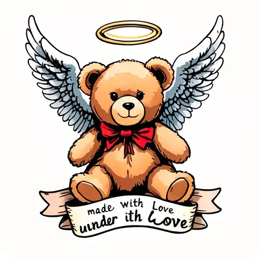 I want a teddy bear with angel wings and a halo that says “made with love” under it tattoo design idea