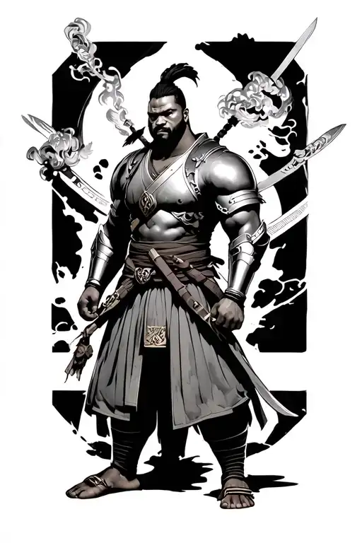 fully body Yasuke wearing armor removing menpo tattoo design idea