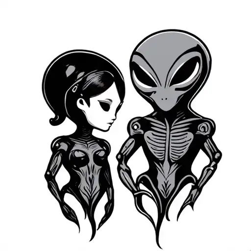**Create a minimalistic line art design for a small couples tattoo (about 2 inches). The design features a single alien  tattoo design idea