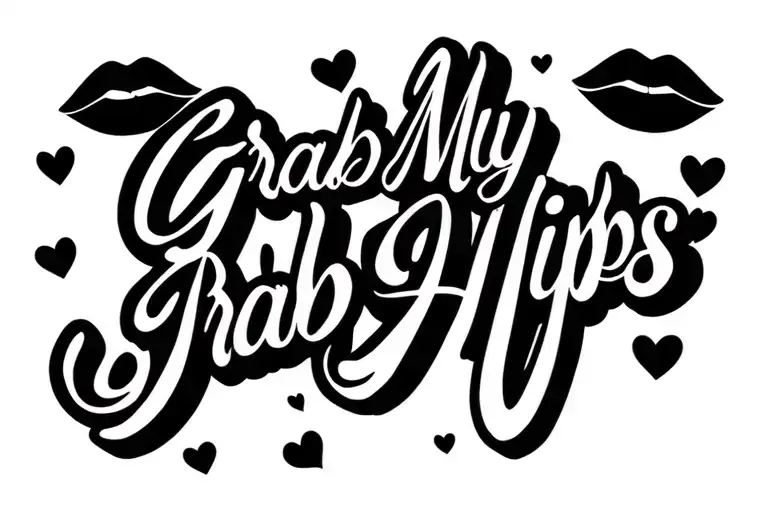 "Grab My Hips" text that flows on a diagonal with small stencil hearts and lips around it. should be sexy or flirty in tone tattoo design idea