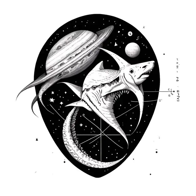 Sagittarius tattoo featuring the mathematical shapes of Jupiter, a stingray and a shark. tattoo design idea