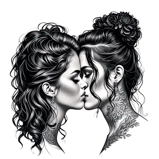 lesbian couple kissing tattoo design idea
