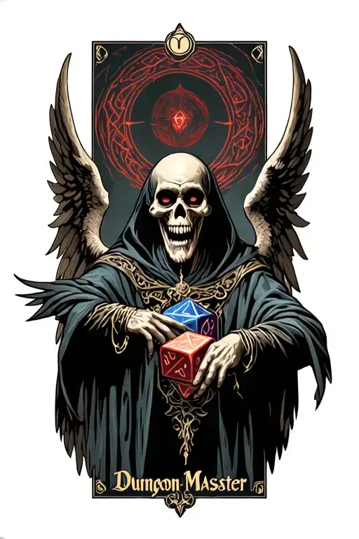 "Dungeon Master " pagan, tarot card, card face, D20 dice, Dungeon Master, fantasy, angel of death, Dungeons and dragons  tattoo design idea