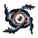 hand reaching from inside and center of a black hole and holding stars tattoo design idea