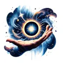 hand reaching from inside and center of a black hole and holding stars tattoo design idea