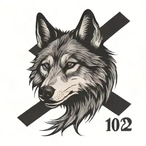 Small wolf face with cross and date 1/1/22 tattoo design idea