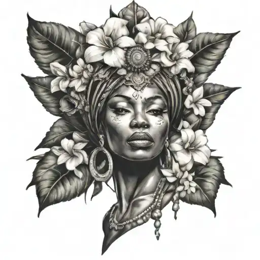 african godess with half face flowers growing tattoo design idea
