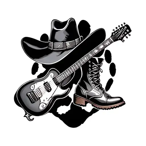 dog paw print surrounded guitar cowboy hat and boot tattoo design idea