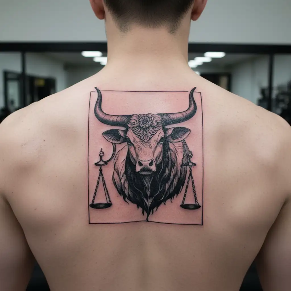libra scales and pretty taurus bull tattoo design idea